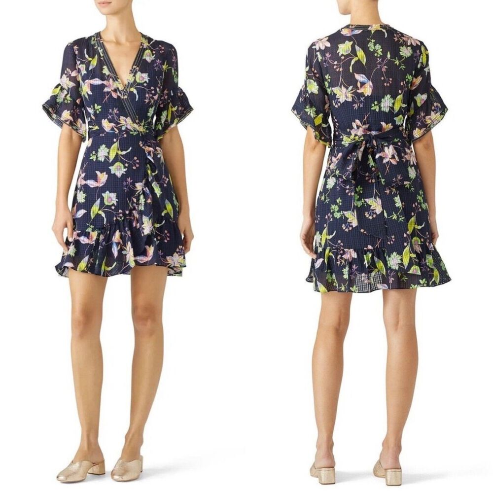100% Silk Navy Garden Print Brandy Floral Belted Dress Tanya Taylor 6